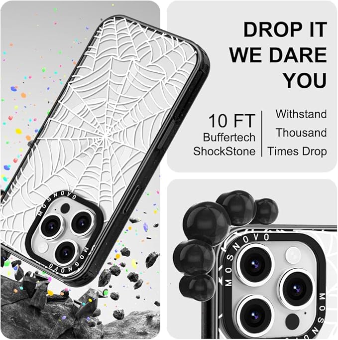 MOSNOVO Magnetic Case for iPhone 16 Pro, 10ft Military-Grade Protection, Compatible with Magsafe, Shockproof Phone Case for iPhone 16 Pro - Spider Web - Clear Black-DeskLoop Office