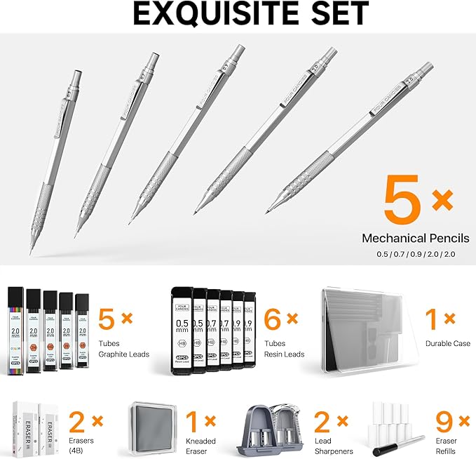 Four Candies Metal Mechanical Pencil Set, 3PCS Art Drafting Pencils 0.5, 0.7, 0.9MM & 2PCS 2MM Mechanical Drawing Pencils with 420PCS Leads (4B 2B HB 2H Color) for Writing Sketching Drawing (Silver)-DeskLoop Office