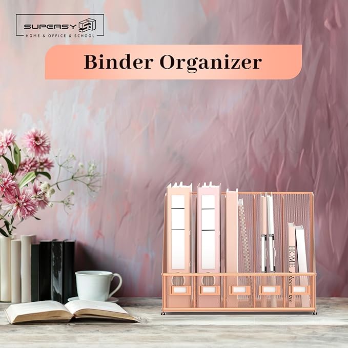 SUPEASY Desk Organizers Metal Desk Magazine File Holder with 5 Vertical Compartments Rack File Organizer for Office Desktop, Home Workspace, Rose Gold, Plus-DeskLoop Office