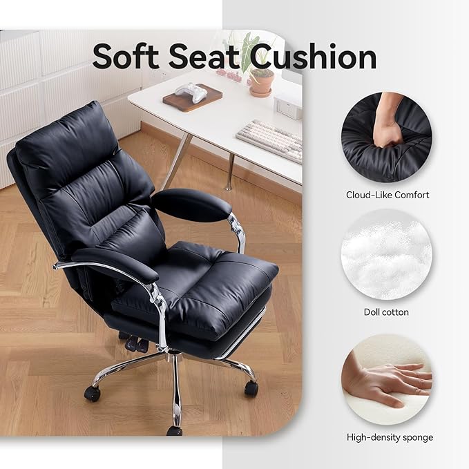 LEAGOO Reclining Office Chair with Foot Rest, Executive Office Chairs with Arms, Ergonomic High Back PU Leather Comfy Swivel Computer Desk Chairs with Wheels and Lumbar Support for Home Office, Black-DeskLoop Office
