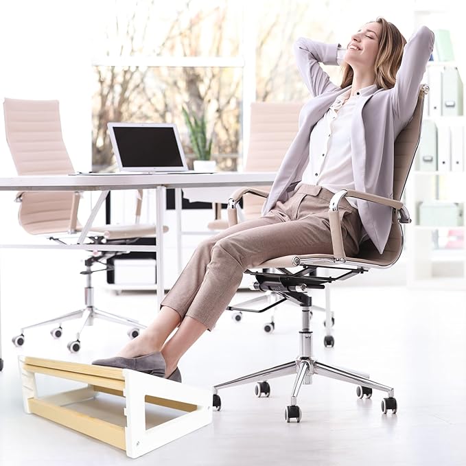 WOOD CITY Foot Rest for Under Desk at Work, 3 Heights Adjustable Footrest with Silicone Surface, 2 in 1 Foot Stool Improve Posture, Reduce Fatigue & Pain, Ideal for Home/Office/Gaming (Natural-White)-DeskLoop Office