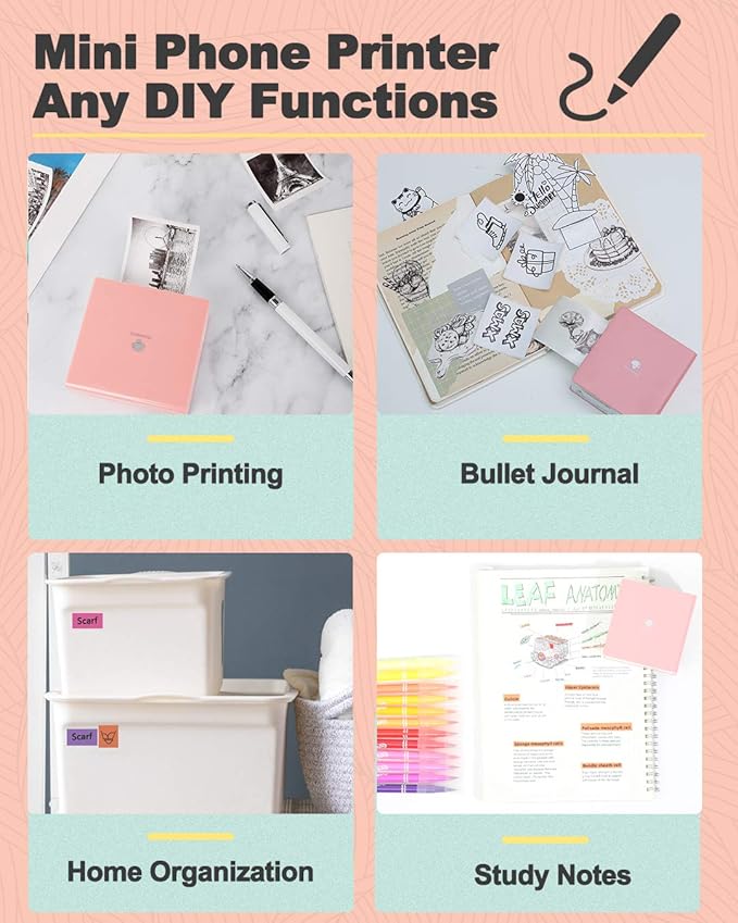 Phomemo Sticker Printer- Mini Thermal Sticker Printer Machine, Small Pocket Label Maker Instant Print for DIY Creation, Study Notes, Photos, Portable Inkless Photo Maker for Kids/Students, Pink-DeskLoop Office