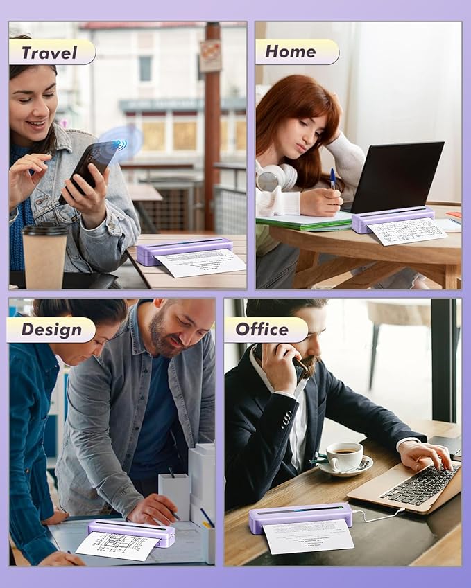 COLORWING Portable Printers Wireless for Travel, 300DPI Mini Compact Inkless Printer, Thermal Bluetooth Printer Compatible with Android and iOS Smartphone & Tablet & Laptop - Purple-DeskLoop Office