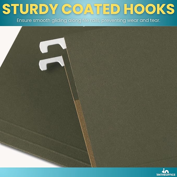 1InTheOffice Green Hanging File Folders Letter Size, Hanging Organizer File Folders, Green Hanging Folders, 1/3 Tabs, 11 pt, 50 Pack-DeskLoop Office