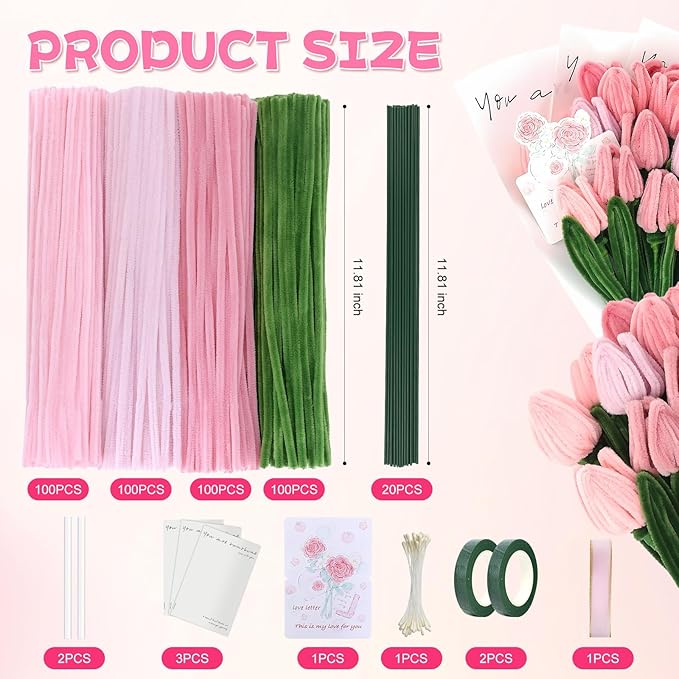 400 Pcs Craft Pipe Cleaners Flowers,4 Colors Chenille Stems Bulk with Floral Wires,Tape,Greeting Card,Bouquet Paper,Hot Glue Stick,Stamen & Ribbon, Holiday Gifts for Women,Men,Teens,Elder-DeskLoop Office