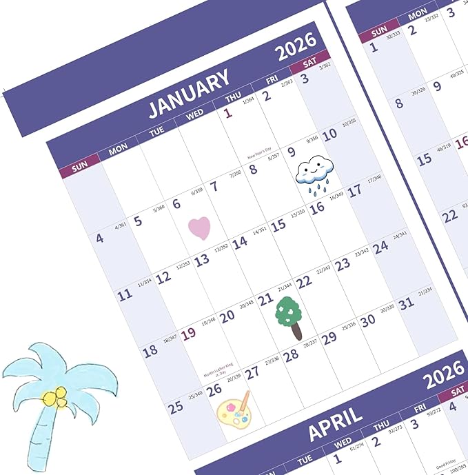 2026 Wall Calendar 34.8" x 22.8" Large Vertical Yearly Wall Hanging Calenda with Julian Date Thick Paper Calendar 12 Month Annual Wall Planner for Wall Office Fridge(Purple)-DeskLoop Office