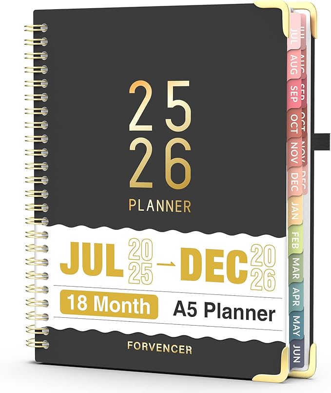 Jul 2025 - Dec 2026 Planner, Forvencer Academic Planner 2025-2026, 18 Month Daily Planner, 6" x 8", Weekly & Monthly Agenda Book, Hardcover Calendar Book, School Supplies for Student Teacher, Black-DeskLoop Office
