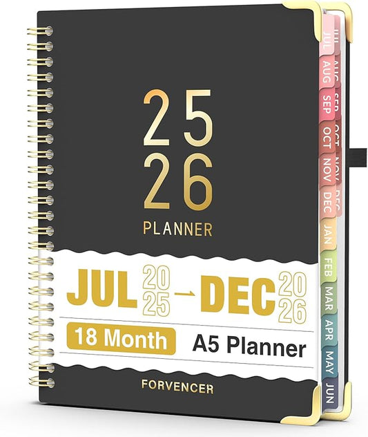 Jul 2025 - Dec 2026 Planner, Forvencer Academic Planner 2025-2026, 18 Month Daily Planner, 6" x 8", Weekly & Monthly Agenda Book, Hardcover Calendar Book, School Supplies for Student Teacher, Black-DeskLoop Office