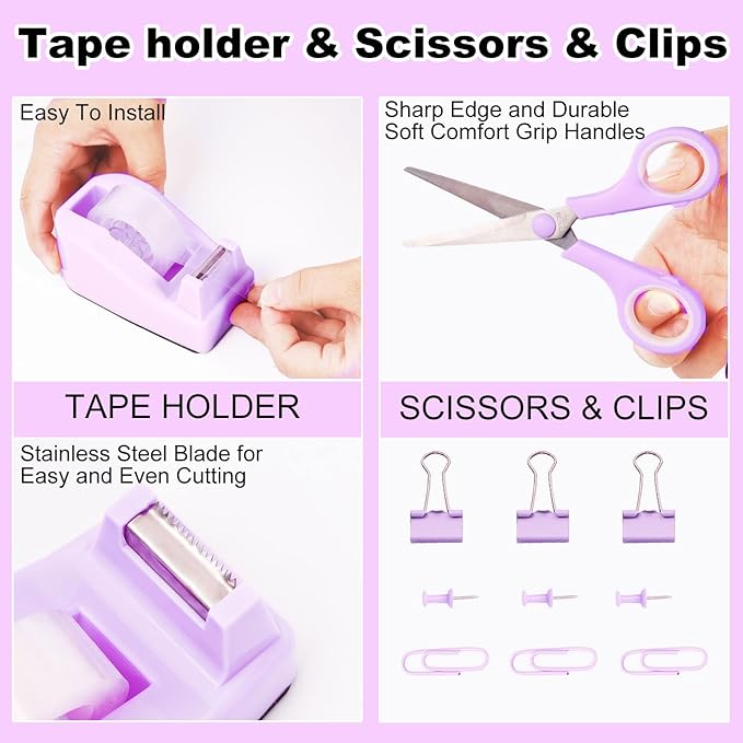 Purple Desk Organizers and Accessories 10Pcs Set with 360-Degree Rotating Pen Holder, Tape Dispenser, Stapler, Staple Remover, 1000 Staples, Tape, Clips Set, Ruler, Scissor, Pen (Purple)-DeskLoop Office