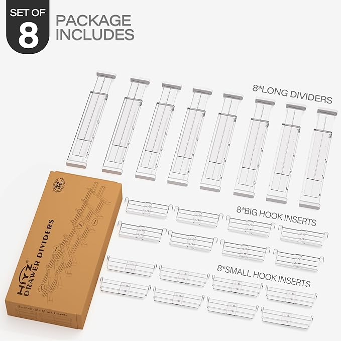 HiYZ Expandable Drawer Dividers with Inserts - Adjustable Drawer Organizers Separators for Kitchen, Bedroom, Dresser, Office, 8 Long Dividers(12.6-22.8 IN) with 16 Inserts(3.9-7.1 IN) - Clear-DeskLoop Office