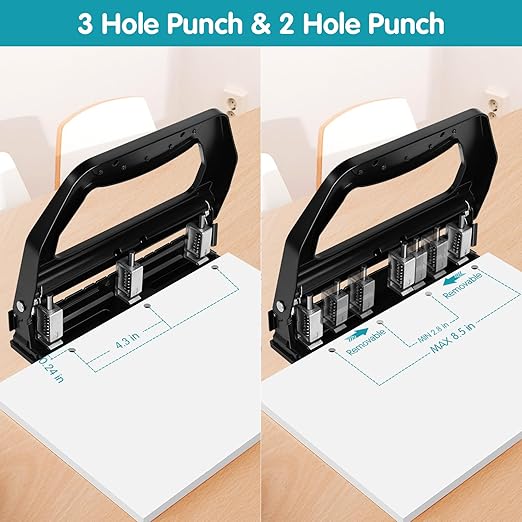 AFMAT Heavy Duty 3 Hole Punch, 50-Sheet, 50% Reduced Effort, Adjustable Two & Three Hole Punch, Metal Paper Puncher w/Large Chip Tray, Metal Paper Guide, Black-DeskLoop Office