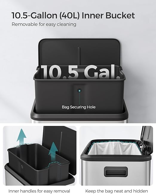 SONGMICS Kitchen Trash Can, 10.5-Gallon (40L) Garbage Can with Lid and Wide Foot Pedal, Soft Close and Stays Open, Silver ULTB541E40-DeskLoop Office