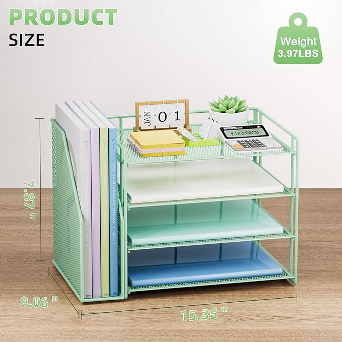 Marbrasse Desk Organizer and Accessories,4-Tier Paper Letter Tray Organizer with File Holder,Desk Accessories & Workspace Desktop Organizers for School Home Office Supplies (Green)-DeskLoop Office