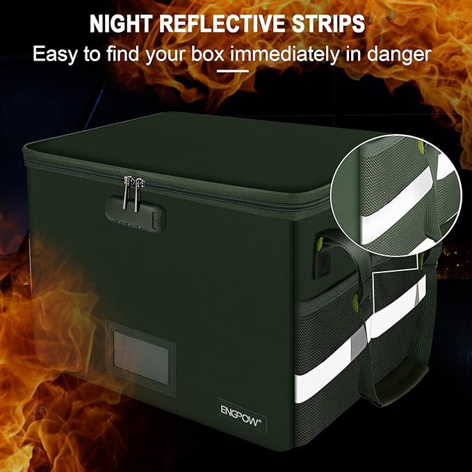 ENGPOW File Box with Lock, Fireproof Document Box with Zipper Lid, Collapsible File Storage Organizer Filing Cabinet with Handle, Portable Home Office Safe for Hanging Letter/Legal Folders, Green-DeskLoop Office