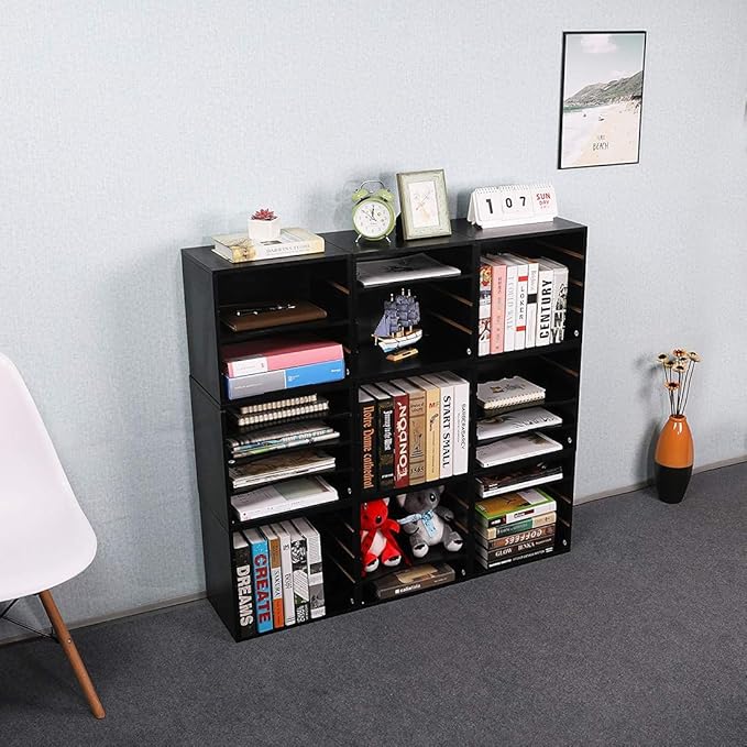 PAG Mail Sorter Organizer, Wood Countertop Literature Organizer, Office Supplies Desktop File Bill Paper Organizer for Office Home School, 4 Compartments, Black-DeskLoop Office