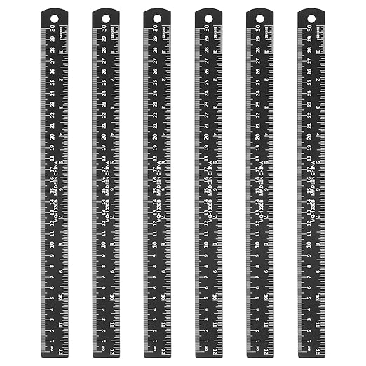 HARFINGTON 6pcs Metal Straight Ruler 30cm Metric SAE Aluminum Alloy Measuring Rulers Scale Tool with Hole for Measure Study Reading Classroom Office, Black-DeskLoop Office