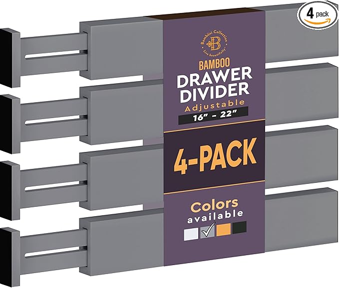 4 Pack Drawer Dividers Bamboo 2.6" High, 16-22" Adjustable Drawer Organizers for Clothes, Expandable Dresser Separators in Bedroom/Bathroom/Kitchen/Office Organization and Storage (Grey)-DeskLoop Office
