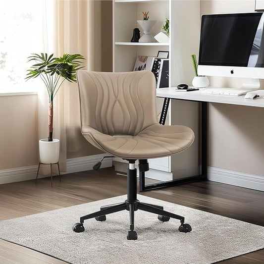 Office Chair, Armless Desk Chair with Wheels, Ergonomic Comfy Home Office Computer Task Chairs,Faux Leather Padded Cute Vanity Chair, Adjustable Height Swivel Chair with Back, Khaki-DeskLoop Office