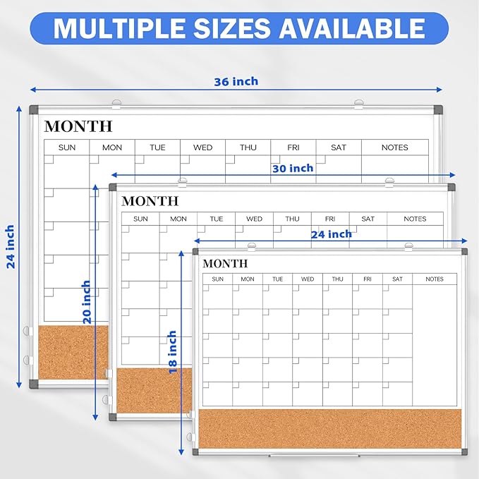 Monthly Calendar Whiteboard Dry Erase Cork Board Combo for Wall, 36" x 24" Magnetic Double-Sided Calendar White Board and Bulletin Board, Portable Board for Office, Kitchen, School, Home-DeskLoop Office