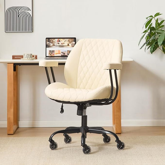 YFO Home Office Desk Chair Office Rubber Casters Ergonomic Computer Chair with Lumbar Support Adjustable Height Rolling Swivel Executive Task Armrests Chair, White Leather-DeskLoop Office