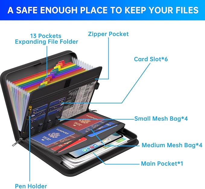 ENGPOW Accordion File Organizer,Fireproof Expanding File Folder with Multi Pockets,13 Colorful Pockets Document Organizer with Handle & Labels,Portable Home Travel Safe Storage for Letter A4 Files-DeskLoop Office
