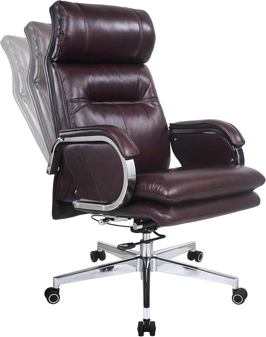 Genuine Leather Modern Executive Chair High-Back Support 90 to 150 Degrees Tilt and Upholstered Home Desk Chair with Base 360LB Capacity Swivel Computer Office Chair (Brown)-DeskLoop Office