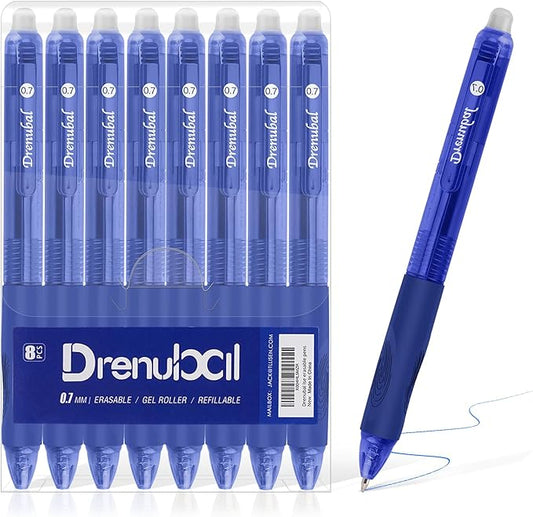 8-Pack Erasable Ink Pens with Built-in Eraser | 0.7mm Fine Point Gel Pens for Smooth Writing - Gel Pens for School, Office, Journals & Exams,Blue pens,Blue Ink pens-DeskLoop Office