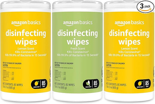 Amazon Basics Wipes, Lemon & Fresh Scent, Sanitizes, Cleans & Deodorizes, 255 Count (3 Packs of 85)-DeskLoop Office
