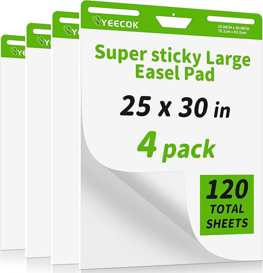 Sticky Easel Pad 25 in x 30 in, 30 Sheets/Pad, 4 Pads/Pack, Sticky Flip Chart Paper for Teachers, Super Sticking Power & Bleed-Resistant-DeskLoop Office