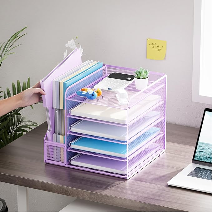 Marbrasse Desk Organizers and Accessories, 5-Tier Paper Letter Tray Organizer with File Holder, Mesh File Organizer, Office Desk Accessories & Organization for Supplies (Purple)-DeskLoop Office