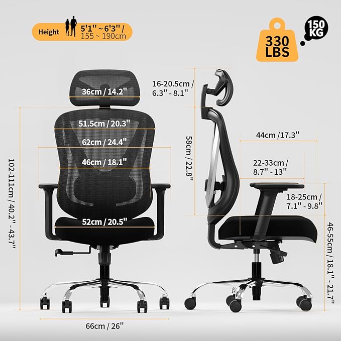 Ergonomic Mesh Office Chair - 3D Adjustable Lumbar Support & 3D Armrests, V-Shaped Back, Adjustable Desk Chair for Office & Home, Black-DeskLoop Office