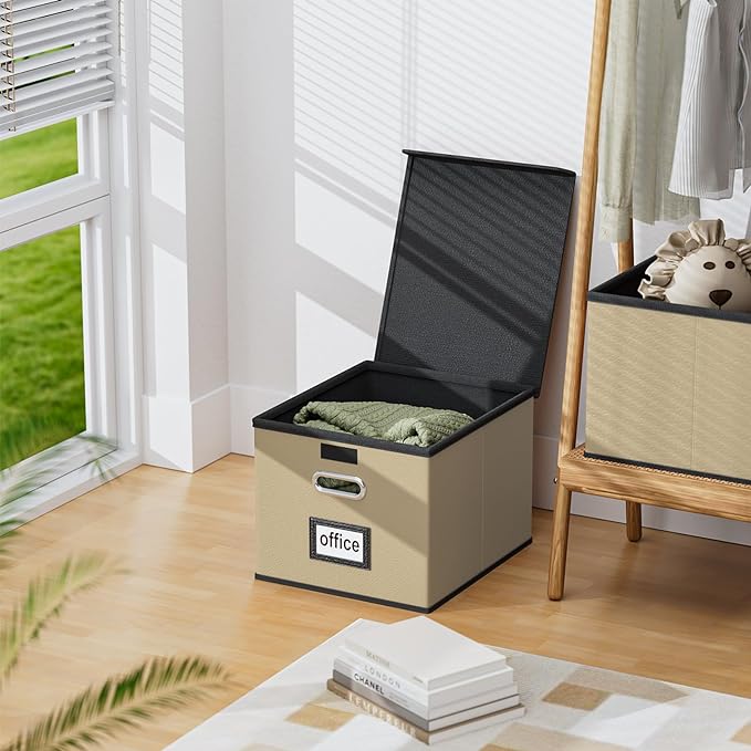 Huolewa File Organizer Boxes with Lids, Collapsible Faux Leather Hanging File Folder Box Organizer with Plastic Slide, Decorative Home/Office Filing System Boxes for File and Folders Storage-DeskLoop Office