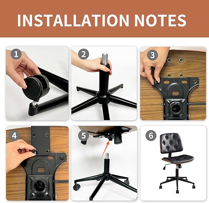 Small Home Office Chair – Armless Mid-Back Desk Chair with PU Leather, Adjustable Height, Swivel Wheels, Modern Walnut Legs for Small Spaces, Black-DeskLoop Office