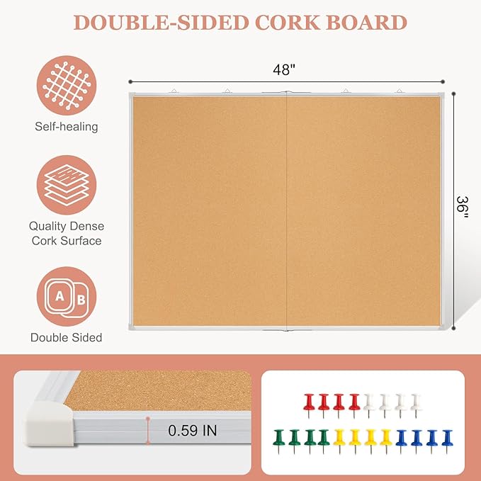 Double-Sided Large Cork Board, 48" x 36" Foldable Hanging Aluminum Framed Bulletin Board, Vision Board Pin Board Corkboards for Walls, Office, School Decor, 20 Pushpins-DeskLoop Office