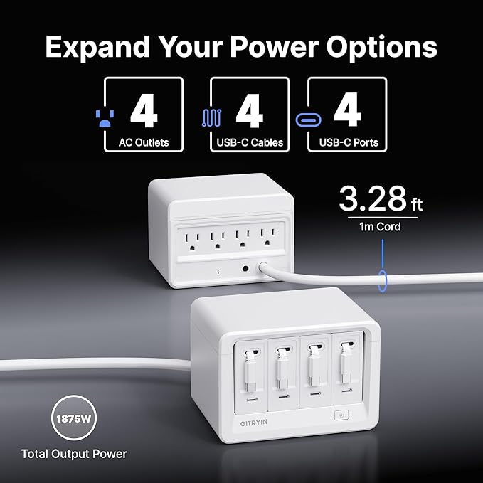 12-in-1 Desktop Charging Station with 4 Retractable Wall Chargers, 40W USB-C Power Strip with 4 AC, 4 USB C, 4 Type-C 31.5in Cables, Extension Cord with 1020J Surge Protection for Home Office-DeskLoop Office