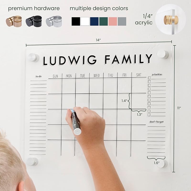 Personalized Clear Acrylic Calendar for Wall, Calendar Whiteboard for Wall, Dry Erase Wall Calendar, Wall Calendar Organizer System for Home (Block, Navy, 14"W x 11"H)-DeskLoop Office