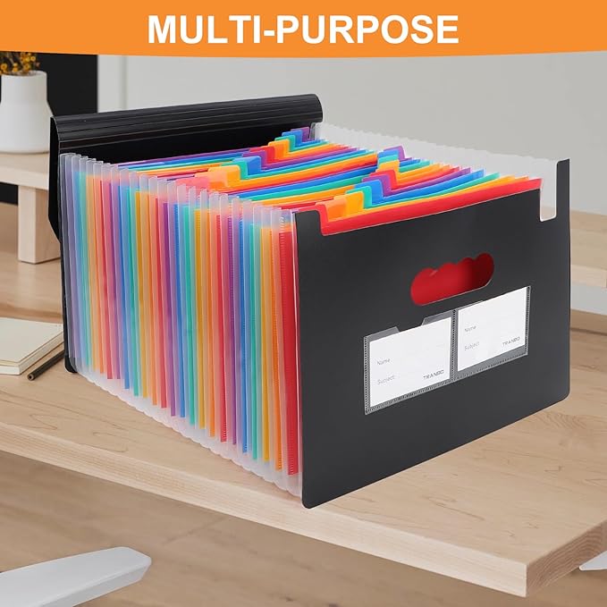 Accordion File Organizer, 24 Pockets Expanding File Folders, Portable Letter A4 Size Filing Box with Colored Labels and Expandable Cover, Monthly Bill Receipt Documents Organizer Black-DeskLoop Office