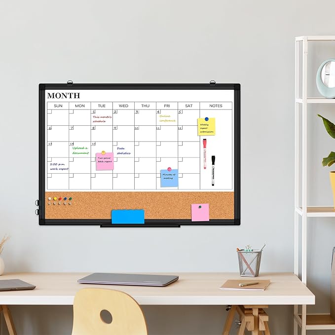 Monthly Calendar Whiteboard Dry Erase Cork Board Combo, 24" x 18" Magnetic Double-Sided Calendar White Board and Bulletin Board with Black Aluminium Frame, Portable Whiteboard for Office, Home, School-DeskLoop Office