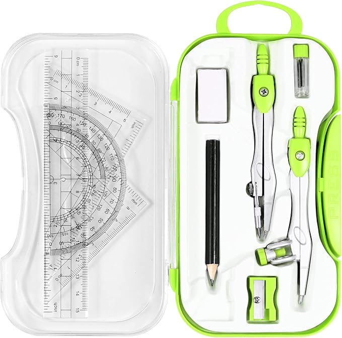 Math Geometry Kit Sets 10 Piece Student Supplies with Shatterproof Storage Box,Includes Rulers,Protractor,Compass,Eraser,Pencil Sharpener,Lead Refills,Pencil,for Drafting and Drawings(Green)-DeskLoop Office