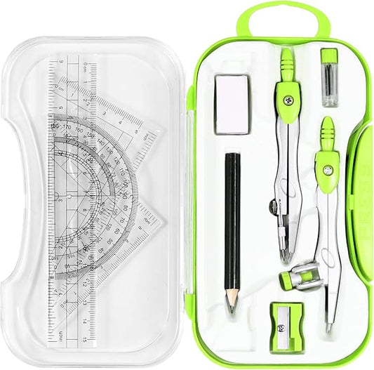 Math Geometry Kit Sets 10 Piece Student Supplies with Shatterproof Storage Box,Includes Rulers,Protractor,Compass,Eraser,Pencil Sharpener,Lead Refills,Pencil,for Drafting and Drawings(Green)-DeskLoop Office