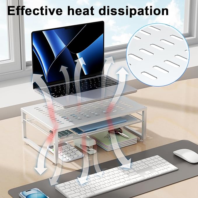 gianotter 2-Tier Metal Monitor Stand Riser, Desk Accessories & Workspace Desk Organizers, Office Desk Storage Organizer for Office Supplies (White)-DeskLoop Office