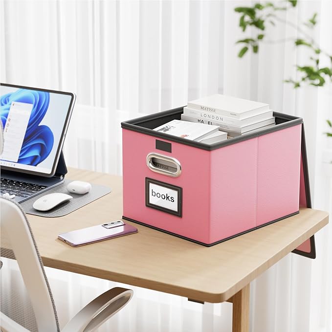 Huolewa Portable Leather File Organizer Storage Boxes, Collapsible File Folder Organizer Boxes with Lids, Document Organizer, Decorative Filing Box Cabinet for Letter/Legal File Folder Storage-DeskLoop Office