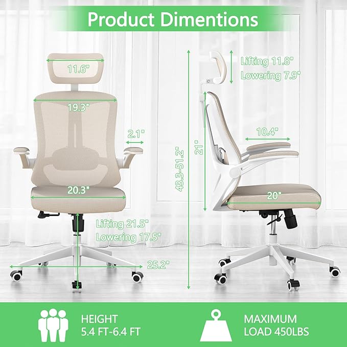 Desk Office Chair, Ergonomic High Back Comfy Computer Chairs with Wheels, Swivel Gaming Home Mesh Chair Comfortable Lumbar Support, Comfy Arms for Study, Home,Bedroom(Khaki)-DeskLoop Office