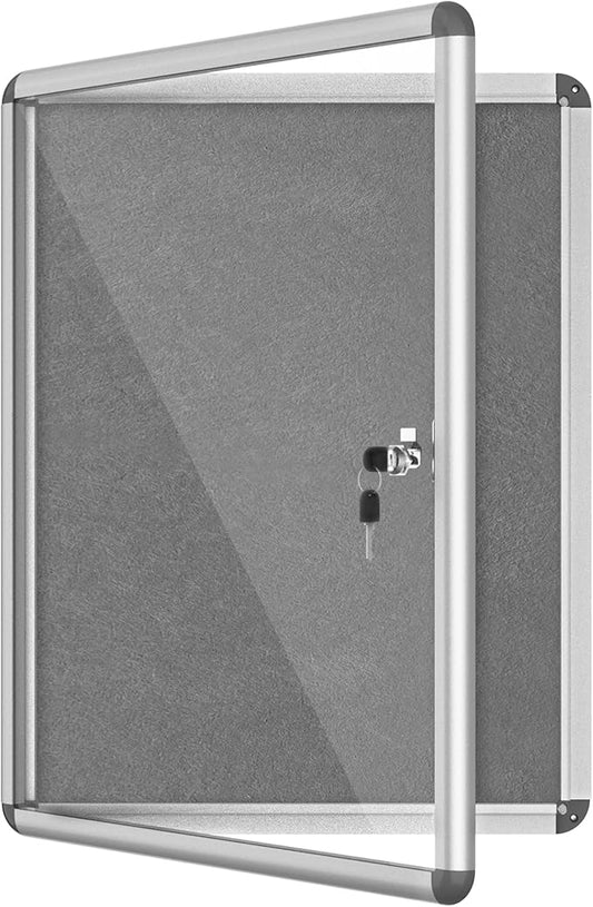 26"x20" Enclosed Bulletin Board, Lockable Weather-Resistant Aluminum Cork Noticeboard for School & Office, Silver Frame w/Grey Flet-DeskLoop Office