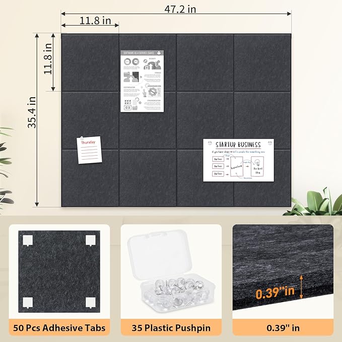 Smarpau Bulletin Board Large Cork Board for Walls 48"x36", 12 Pack Pin Board Felt Board with 35 Pushpins 50 Removable Security Stickers, Cork Boards for Office Home School Decor (Deel Grey)-DeskLoop Office