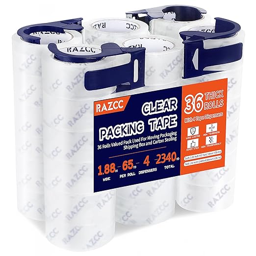 Packing Tape, 36 Rolls Clear Heavy Duty Packaging Tape with Dispensers for Packing Shipping Moving Mailing, Thicker Sealing Tape - 1.88" x 65 Yard Per Roll, 2340 Total Yards-DeskLoop Office