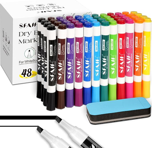 SFAIH Dry Erase Markers Chisel Tip with Magnetic Whiteboard Eraser, 48 Bulk 12 Assorted Colors White Board Markers for Teachers, Versatile Lines, 1s Quickly Dry, Perfect for Classroom and Office-DeskLoop Office