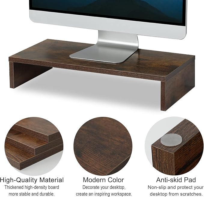 TEAMIX 20 Inch Monitor Stand Riser, Wooden Desktop Riser for TV/PC/Laptop/Printer, Rustic Brown Monitor Riser with Storage, Computer Stand Keyboard Organizer-DeskLoop Office