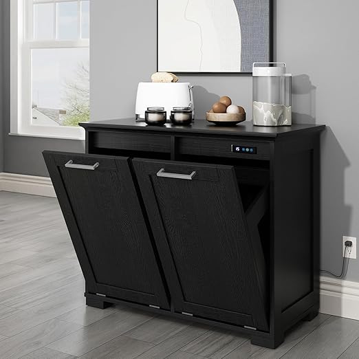 OLD CAPTAIN Double Tilt Out Trash Cabinet, Wooden Kitchen Garbage Can Free Standing Holder, Black Finish-DeskLoop Office