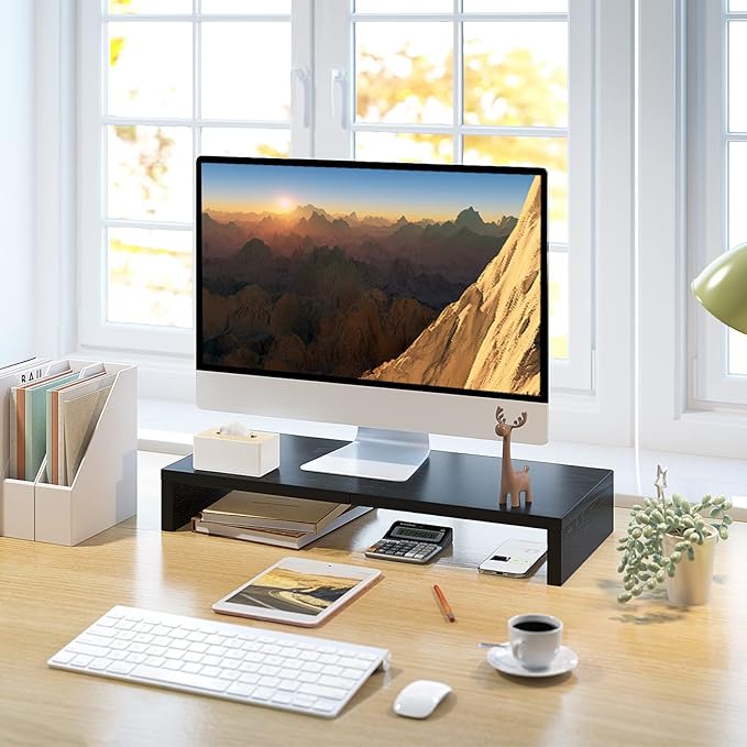 TEAMIX 20 Inch Monitor Stand Riser, Black Desktop Stand for PC/TV/Laptop/Printer, Wood Monitor Riser with Storage, Computer Stand Keyboard Organizer-DeskLoop Office